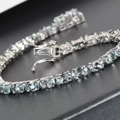 Oval Lab Created Aquamarine Diamond Women Tennis Bracelet 14K White Gold Plated • $155.99