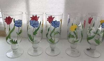 Hand Painted Flowers Footed Water / Iced Tea Glasses 8” Tall Set Of 5 • £15.43