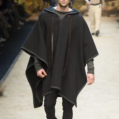 Men Vintage Japanese Wool-Blend Loose Coat Black Hooded Knight Cloak Cape Pullon • $52.77