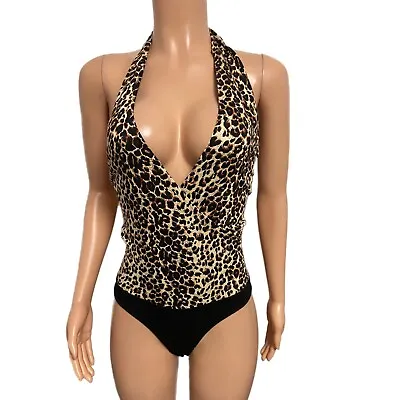 Sexy Black/Brown Tiger Print Wrap Front Halter Cleavage Top Bodysuit Diva Y2K • $10.90