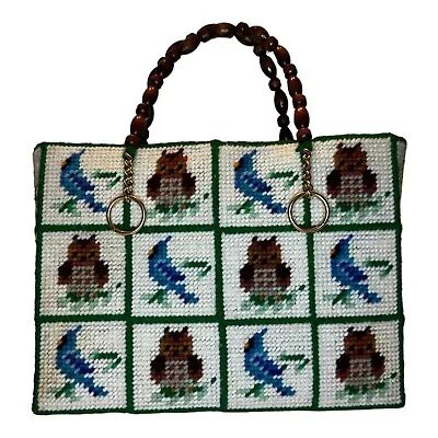 Vintage 70s Needlepoint Patchwork Tote Purse Blue Jay Bird Owl  Wood Bead Handle • $23.96