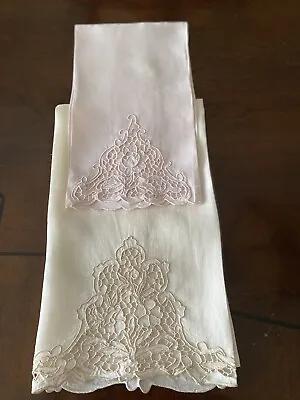 2 Vintage Guest TOWELS~MADEIRA Embroidered Cutwork ~Fine Linen ~1 Pink & 1 Ivory • $18