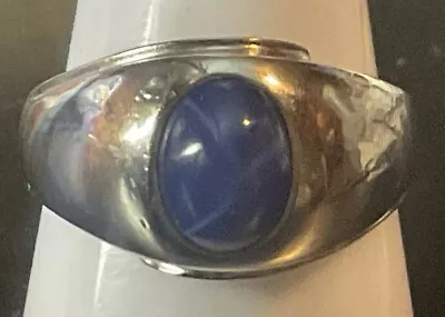 10k Solid White Gold OVAL Blue Star Sapphire Vintage Solid Back Ring Size 10 • $499.99