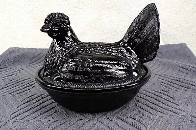 Vintage Glass Hen On Nest Chicken In Black Color Candy Dish • $105.38