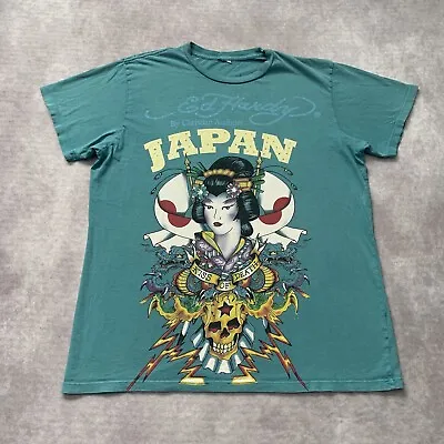 Vintage Ed Hardy Japan Shirt Size L Graphic Rhinestone Geisha Flag Double Sided • $28.50