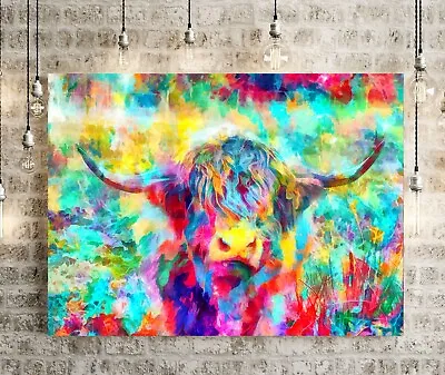 £19.99 • Buy Colourful Highland Cow Animal DEEP FRAMED CANVAS WALL ART PICTURE Or PAPER PRINT