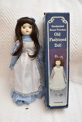 Handpainted Bisque Porcelain Old Fashioned Doll W/Box Maid Blue White Dress Read • $20.49