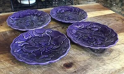 SET Of (4) Dick Knox Pottery Leaves Purple Majolica 4.25  Appetizer Plates RARE • $37.95