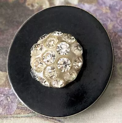 Vintage Black Celluloid Disk Button - Sparkling Embedded Rhinestone Center  7/8  • $1.35