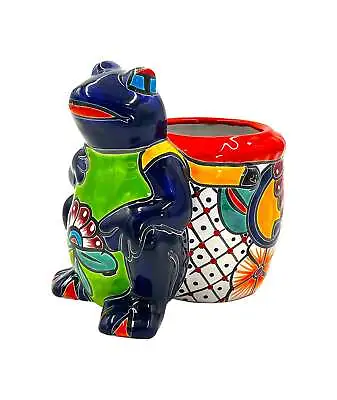 Mexican Talavera Standing Frog With Basket Planter Pot Hand Painted - Dark Blue  • $68.24