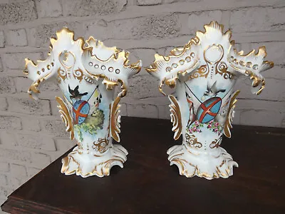 PAIR Antique French Vieux Paris Porcelain Vases Hand Paint Decor Bird Rare • $399