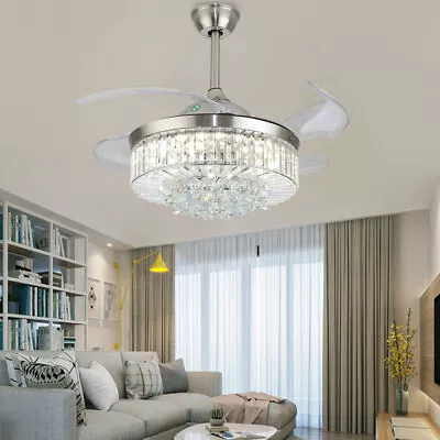 42  Retractable Crystal Chandelier Fan Invisible Ceiling Fan Light LED Dimmable/ • $113.05