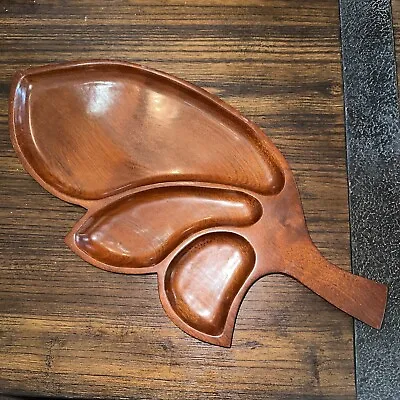 Vintage Midcentury Mahogany Wood Serving Tray MCM Serving Leaf Shape Platter • $16.95