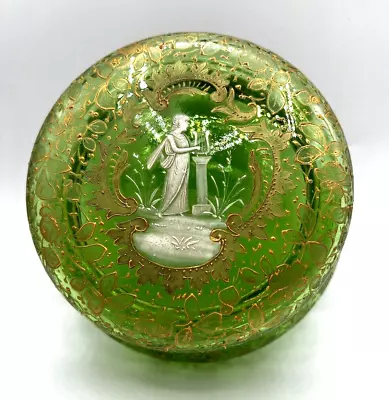 Moser Glass-Mary Gregory Green Vaseline Glass Dresser Box-Maiden Playing A Harp • $209.99