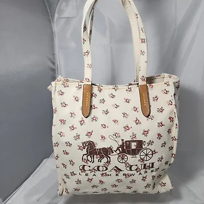 Coach 26972 Horse & Carriage Canvas Tote 42 Cream Floral Signature Rare  • $128