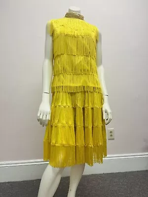 VTG  60s Does 20s Yellow Fringe Embellished Flapper Dress By Young Moments S/m • $88