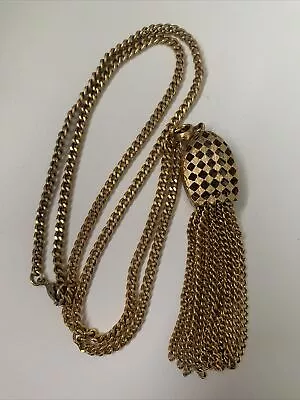 Vintage Monet Necklace Long Chain Gold Tone Checkerboard Harlequin 16” W/Tassel • $29.99