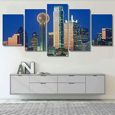 Dallas Texas Skyline At Night 5 Piece Canvas Print Wall Art Poster Home Decor • $161.80