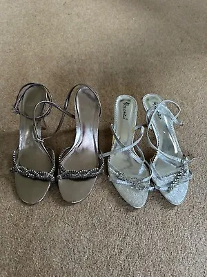 2 X PAIRS OF SILVER STRAPPY SANDALS  With Rhinestone Detail • £5.99