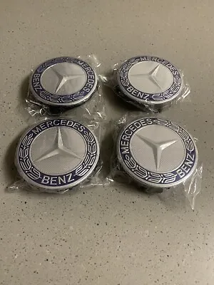 Mercedes Blue Alloy Wheel Centre Caps 75mm A B C E S M Class ML CLA GLA  - 4ea • $29.99