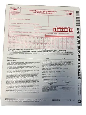 2021 IRS Tax Form 1096 Annual Summary And Transmittal (for 1099's To IRS) • $4