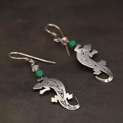 VTG Sterling Silver - SOUTHWESTERN Malachite Lizard Animal Dangle Earrings - 2g • $2.99