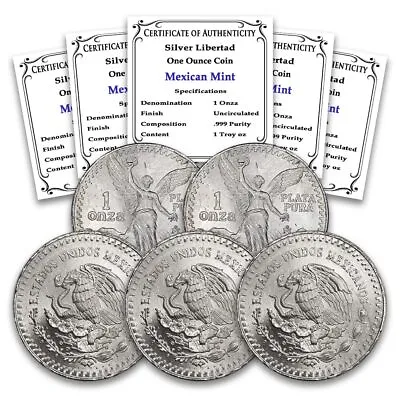 Lot Of 5 Random Year Mexican Silver Libertad Brilliant Uncirculated Coins W/ CoA • $199.91