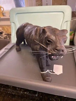Black Panther Leather Statue Leopard Puma Animal Sculpture Deco Vintage 14” Long • $157.99