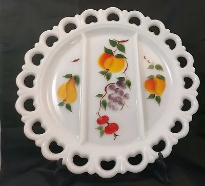 Large 13  Milk Glass Divided Platter Hand Painted Fruits Cottage Core Vtg • $17.09