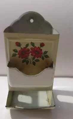 Vintage 1940s – 50’s Metal Tin Matchbox Stick Match Holder Cream Red Flower • $12.99