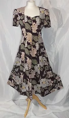 VINTAGE CHARLOTTE HALTON 90s / 00s FLORAL CREPE SWING MIDI TEA DRESS UK 10 • £15