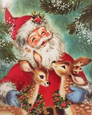 Set Of TWO 5x7 Vintage Retro Santa & Deer Christmas Craft Quilting Fabric Blocks • $14.80