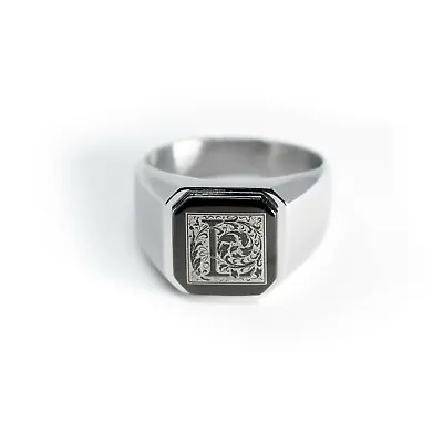 Stainless Steel Floral Monogram Letter L Mens Square Biker Flat Top Signet Ring • $14.50