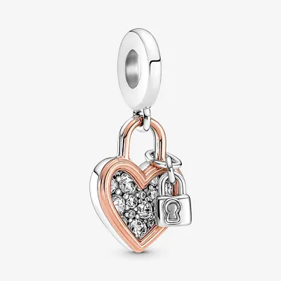 PANDORA Heart Padlock Double Silver Dangle Charm - 780087C01 • £23.87