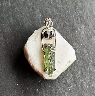 Natural Moldavite & Meteorite Raw Sterling Silver Pendant  • $36.37