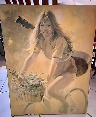 $85 • Buy Rare FRANK TAURIELLO “Laguna Girl” On Bike With Guitar. 1970 Print On Board.