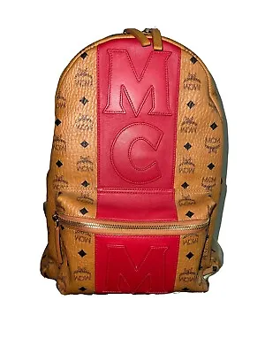 MCM Visetos Medium Stark Logo Stripe Backpack Cognac Red • $575