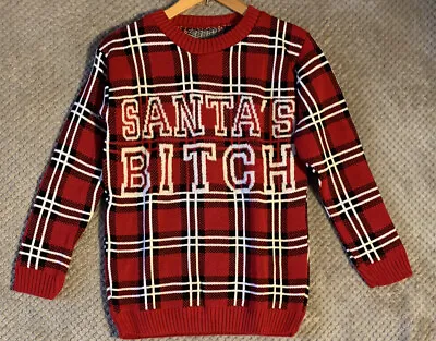 Knitted Tartan Red Black White Christmas Slogan Jumper Santa’s Bitch S/M • £12