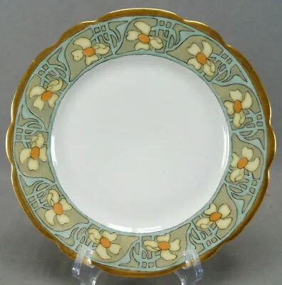 M&Z Austria Hand Painted Yellow Floral Green & Gold Border 8 3/4 Inch Plate • $50