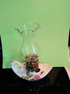 Miniature Aladdin Style Moss Rose Oil Lamp Fluted Blown Glass Chimney Preowned. • $8