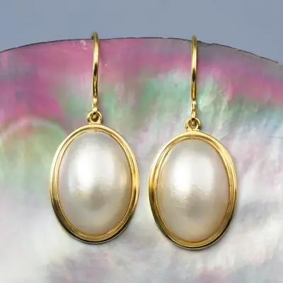 Earrings White Mabe Pearl Oval & 18K Gold Vermeil Over 925 Sterling Silver 5.31g • $72