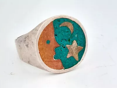 Vintage Turquoise & Copper Inlaid Moon & Star Mexico Sterling Band Ring - Size 7 • $97.97