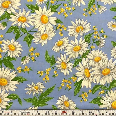 Vintage Cranston Daisy Floral On Blue Cotton Fabric By The HALF YARD 18  X 44  • $7