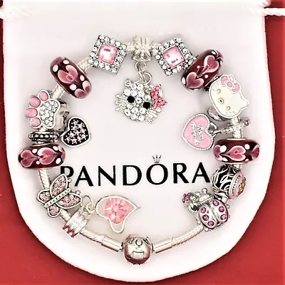 $88 • Buy Pandora Bracelet With Pink & Purple Cz Love My Kitty Themed Charms & Gift Box!