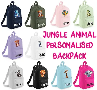Personalised Kids Backpack Name Jungle Animals Boys Girls School Bag Rucksack • £14.49