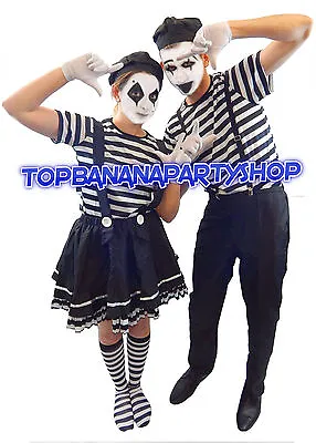 Mens Ladies Mime Artist Costume Black White Street Circus French Carnival Outfit • £9