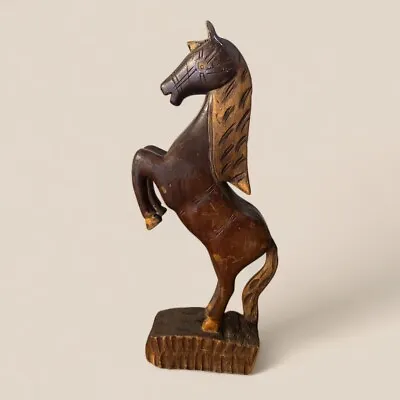 Vintage Mid Century Hand Carved Rearing Wooden Stallion Horse Sculpture 42cm • £45