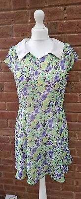 £6 • Buy Collection London Yellow Purple Green Floral 40s Collared Chiffon Dress Size 14