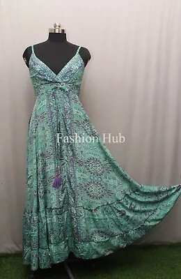 Women Vintage Sundress Silk Sari Multi Recycled Gypsy Backless Maxi Beach Dress • $83.69