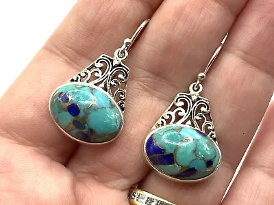 Signed NK Sterling Silver 925 Turquoise Lapis Southwestern Hook Earrings • $10.50